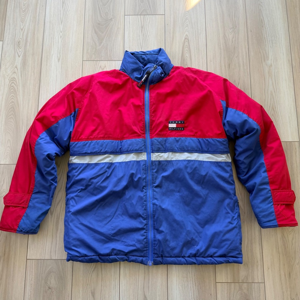 Vintage Tommy Hilfiger Puffer Jacket Mens Red Blue Embroidered Crest 90s